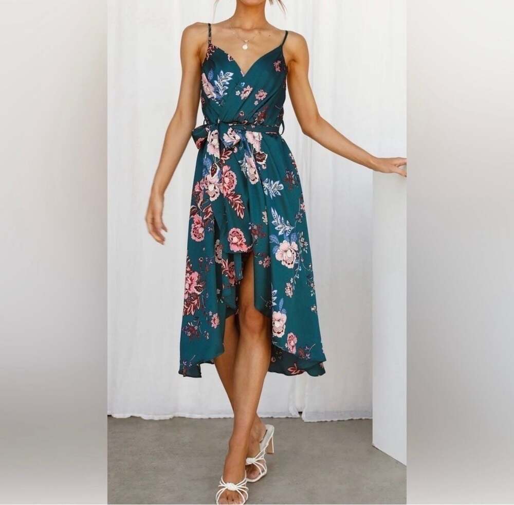 Hello Molly Falling In Style Forest Green Floral High-Low Midi Dress